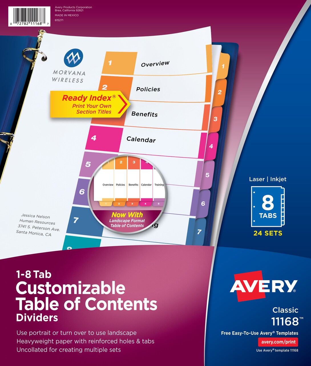 Avery Dividers for 3 Ring Binders, 8 Tabs per Set, Customizable Table of Contents, Multicolor Tabs (24 Sets of 11168)